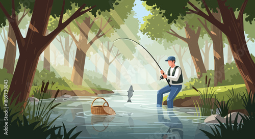Man fishing in a serene forest river with trees