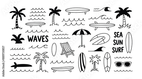 Hand Drawn Beach and Surf Elements with Palm Trees and Waves surfboard umbrella