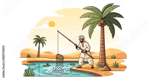 Man fishing in a desert oasis with palm trees