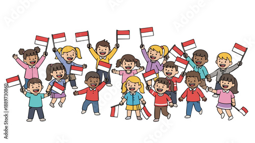 Diverse group of cheerful children waving flags with enthusiasm in a colorful and lively illustration against a clean white background.