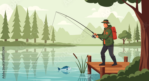 Man fishing on a wooden dock by a serene lake