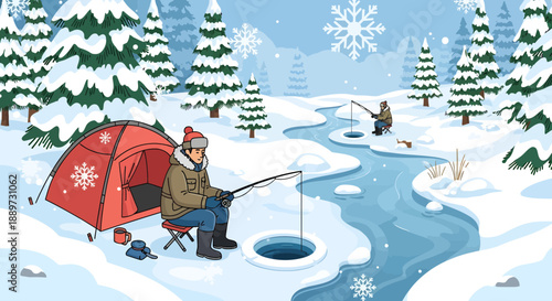 Man Ice Fishing on a Frozen River in Winter Landscape