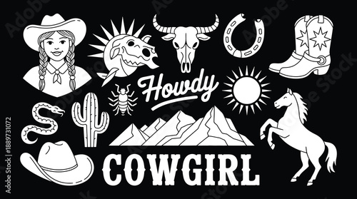 Western cowboy and cowgirl themed doodle art with horse and skull vector illustration