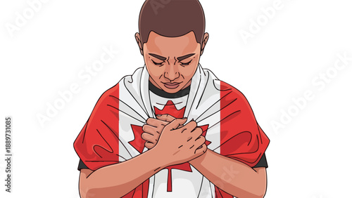 Illustration of a man wearing a Canadian flag draped over his shoulders with his hands clasped together in front of him on a plain white background.
