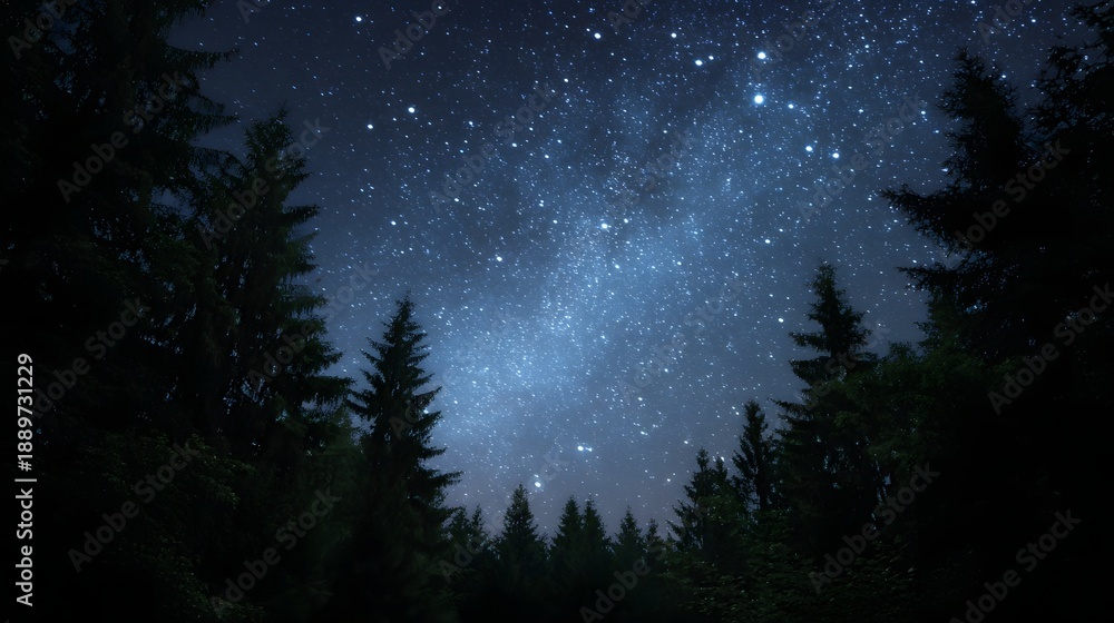 Fototapeta premium A dark forest silhouette against a brilliant starry night sky dotted with countless bright stars