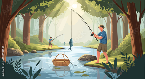 Serene Forest Stream with Anglers Fishing for Trout