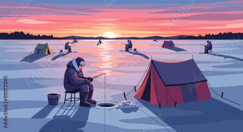 Serene Ice Fishing Scene at Sunset on Frozen Lake
