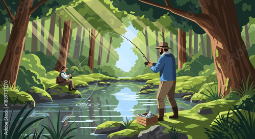 Serene forest scene with men fishing peacefully together by the river