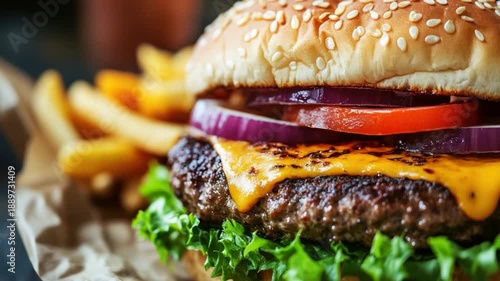 Close-up of a stacked burger with cheese, tomatoes, onions, lettuce, and sesame bun with fries