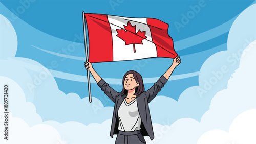 Illustration of a smiling businesswoman holding a Canadian flag in the air with a blue sky and white clouds in the background.