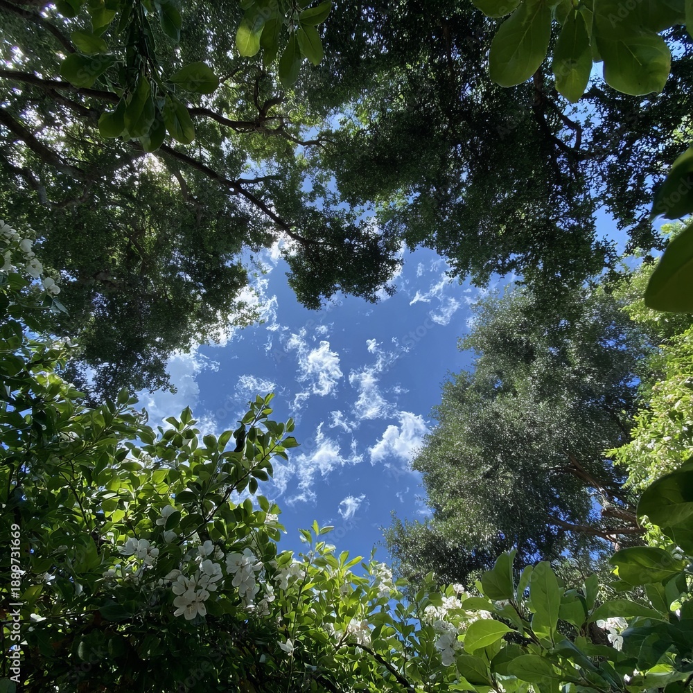 Fototapeta premium Low-angle view of apple tree canopy with blossoms against blue sky, springtime orchard photography from ground perspective