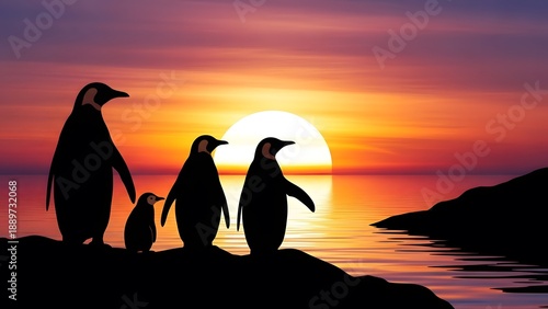 Penguin Family Silhouette on Antarctic Coast at Sunset, Emperor Penguins and Chick against Vibrant Ocean Horizon, Wildlife Illustration for Conservation and Nature