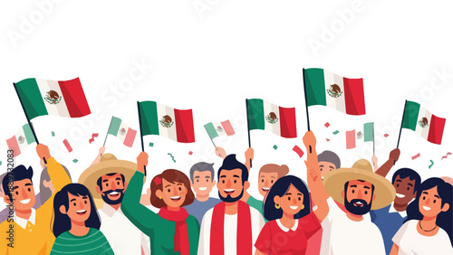 Diverse group of people waving Mexican flags in celebration against a white background with confetti.