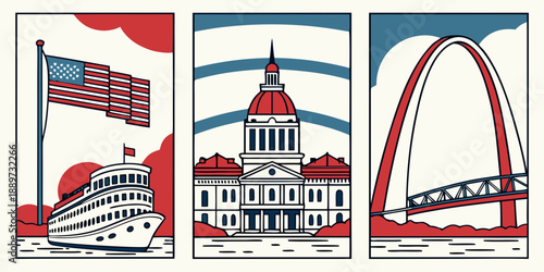Missouri Heritage Poster Set – Steamboat, State Capitol, and Gateway Arch in Patriotic Red, White, and Blue Panels, USA, US, United States
