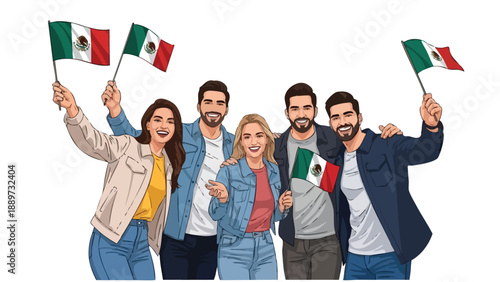Illustration of a diverse group of five adults holding Mexican flags in a celebratory gesture against a plain white background.