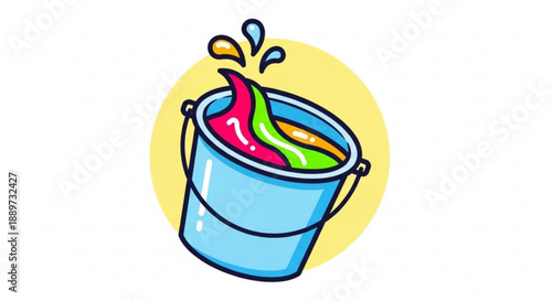 Colorful Paints Spilling from Blue Bucket on White Background