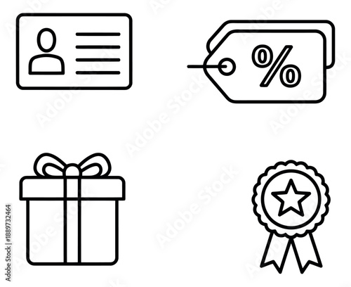Line art e-commerce icons set featuring an identification card, discount tag, gift box, and award badge for online shopping and loyalty programs