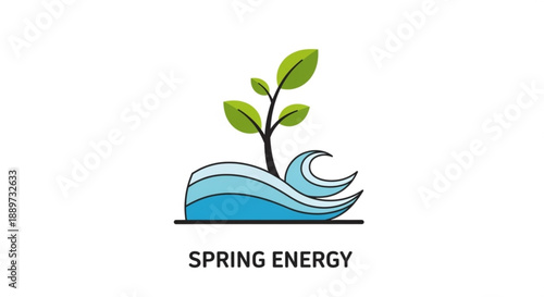 Green Plant Growing from Blue Wave Symbolizing Spring Energy and Renewal