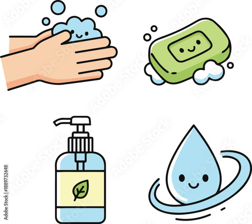  Vector illustration collection featuring hands washing with bubbly foam, a happy green bar of soap, a liquid sanitizer bottle, and a smiling water drop character on a white background.