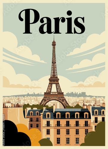 Retro travel poster of Paris featuring the Eiffel Tower above Haussmann rooftops, cream sky, muted blues and olives, flat vector mid-century modern tourism style.