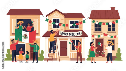 Illustration of people decorating houses with Mexican flags and festive decorations for a celebration on a white background with a lively and colorful mood.