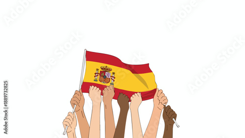 Diverse hands holding a waving Spanish flag against a white background with a patriotic mood.