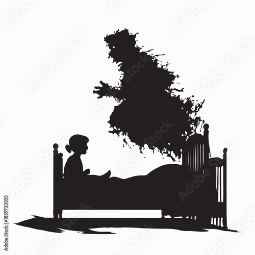 Kid in bed feel fear due to nightmare with monster silhouette vector