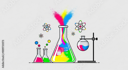 Colorful Chemistry Experiment with Erlenmeyer Flasks and Beakers in Laboratory Setting