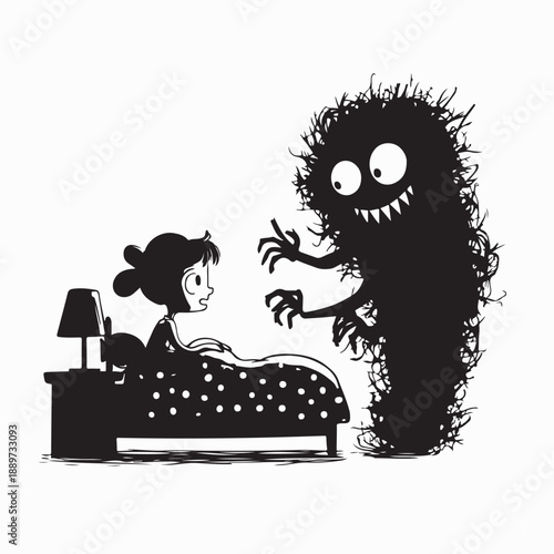 Kid in bed feel fear due to nightmare with monster silhouette vector