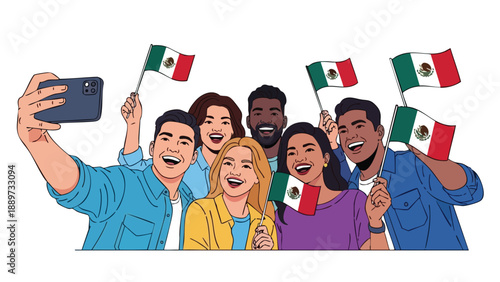 Diverse group of people taking a selfie with Mexican flags on a white background, conveying a festive and joyful mood.