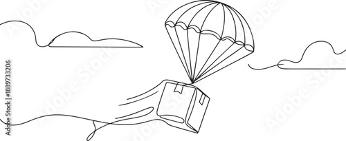 Single continuous line drawing box package flies through the sky using parachute. Online delivery service. Fast delivery parcel concept. one line Icon drawing