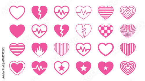 Diverse heart icons set with various styles and patterns