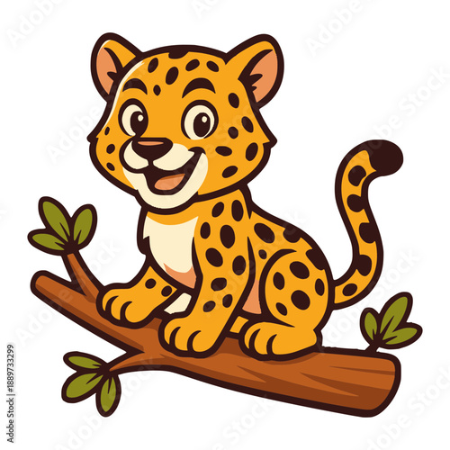 Leopard Cub on Branch: A charming leopard cub perched playfully on a branch. Capturing its adorable features and innocent expression in a cute and playful illustration.