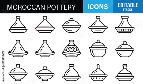 Minimal Moroccan pottery icon set in black and white