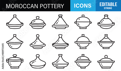 Moroccan ceramic cookware outline icons for culture and kitchen design