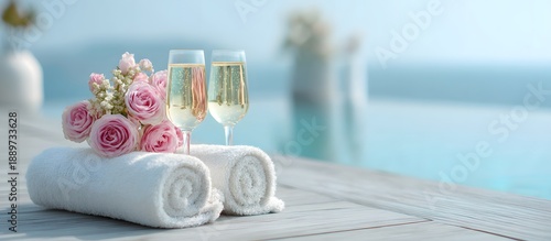 infinity pool with rolled-up towels and romantic decorations for Valentine's Day
