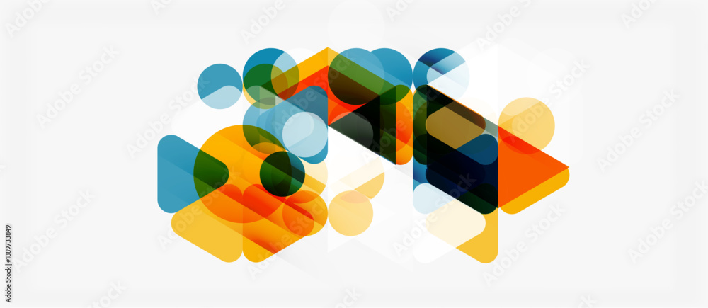 Naklejka premium Abstract geometric shapes overlap, creating vibrant color blends. Composition features circles, triangles, squares, soft gradients.
