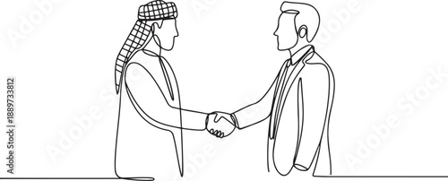 Single continuous line drawing of young muslim businessman handshake with business partner. Arab middle east businessmen with shmagh, kandura, robe cloth. one line Icon drawing
