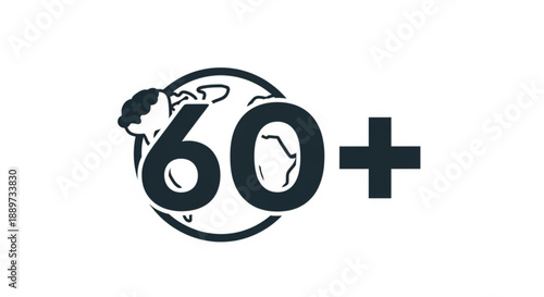 60 Plus Age Group Symbol with Globe Icon, Senior Citizens Concept
