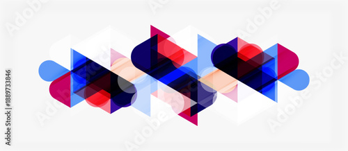 Abstract geometric shapes overlap, creating vibrant color patterns. Design features blue, red, pink hues on white background.