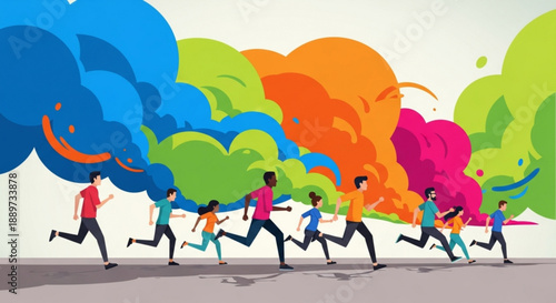 Diverse Runners Sprinting with Colorful Smoke Trails on Road