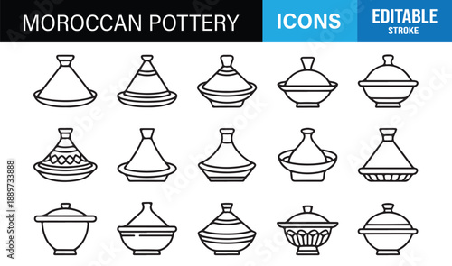 Moroccan pottery outline icon set with traditional ceramic vessels