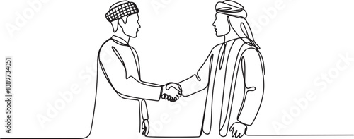 Single continuous line drawing of young muslim businessman handshake with business partner. Arab middle east businessmen with shmagh, kandura, robe cloth. one line Icon drawing