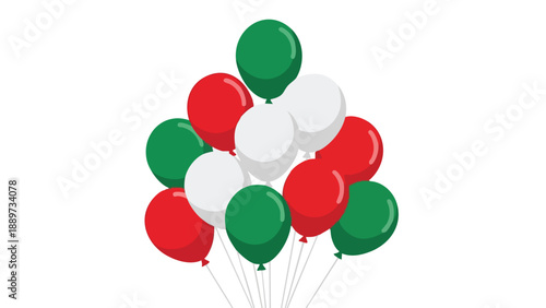 A bunch of red, white, and green balloons floating against a plain white background.