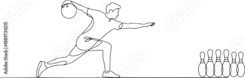 One single line drawing of young talented bowling player man throw ball to hit bowling pins graphic vector illustration. Healthy people lifestyle and sport concept. one line Icon drawing