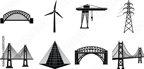 Infrastructure construction silhouettes set with bridges crane wind turbine power tower engineering architecture vector illustration