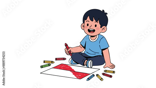 A cheerful young boy sitting on the floor, holding a red crayon and coloring on a piece of paper with scattered crayons around him against a clean white background.