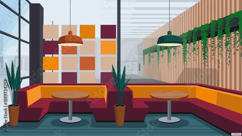 Stylish mid-century modern cafe interior with curved booths, warm retro colors, wooden tables, geometric patterns, ambient lighting, and a cozy, inviting restaurant atmosphere.