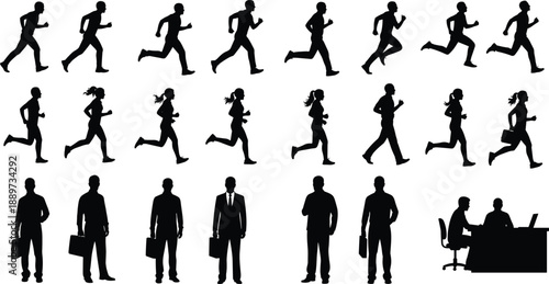 Running and walking people silhouettes set showing male female motion business work fitness lifestyle vector illustration