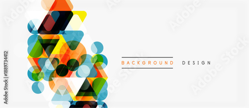 Abstract geometric shapes overlap, creating vibrant colorful composition. Minimalist design with white space dominates image.